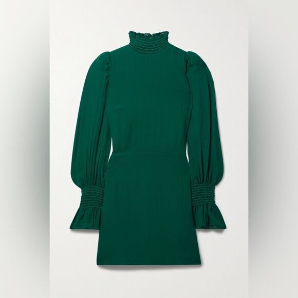 Reformation Archie Shirred Georgette Mini Dress Green Women’s 4 Long-Sleeve High - Picture 9 of 14